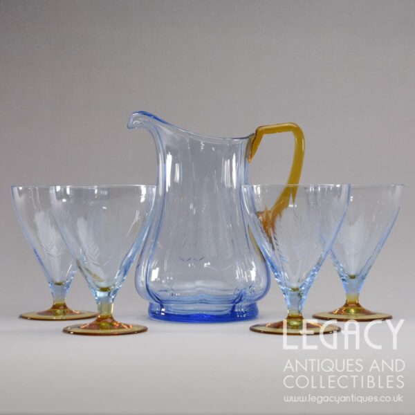 1930s Blue and Amber Cut Lead Glass Cocktail or Lemonade Set with Four Glasses