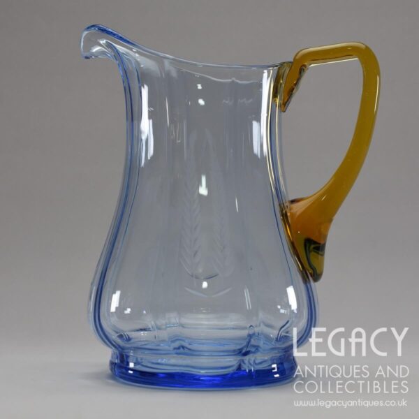 1930s Blue and Amber Cut Lead Glass Cocktail or Lemonade Set with Four Glasses