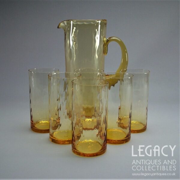High Quality Amber Glass Cylindrical Lemonade Jug and Six Tumblers c.1930s