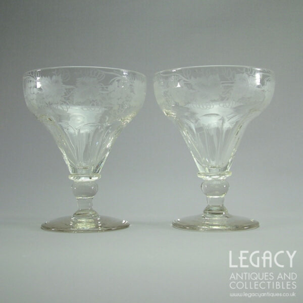 Pair of Very Large Ogee Bowled Petal Moulded Rummers with Vine Engraving c.1820