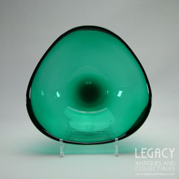 Whitefriars Glass Large Tricorn Encased Glass Fruit Bowl No. 9525 in Green c.1960s