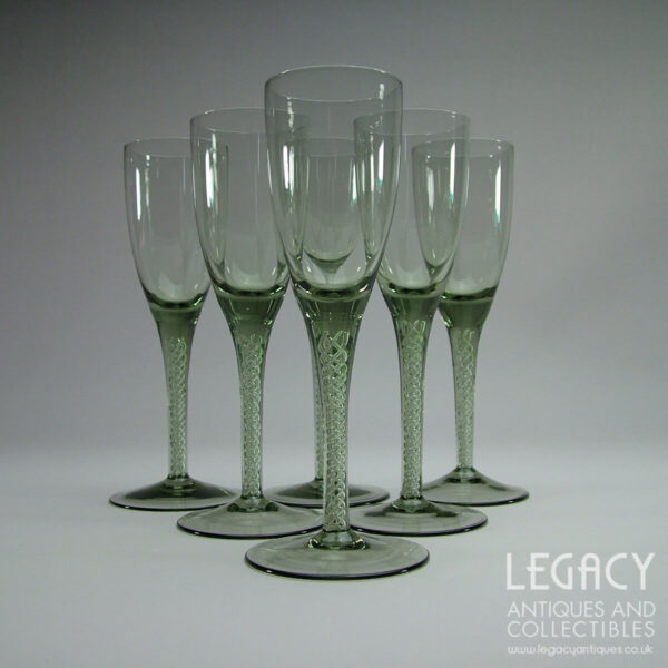 Set of Six Retro Grey Glass Sherry or Liqueur Glasses with Air-Twist Stems c.1970s