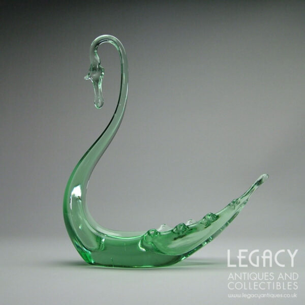 Whitefriars Glass Swan Figure in Emerald Green c.1940s (9" High)
