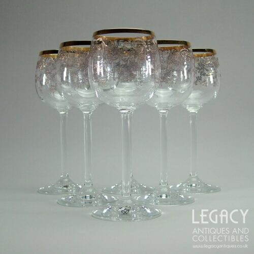 Set of Six Karolinka (Bohemia) Lead Crystal Etched and Gilded Small Wine Glasses