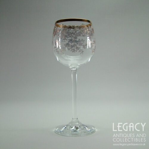 Set of Six Karolinka (Bohemia) Lead Crystal Etched and Gilded Small Wine Glasses