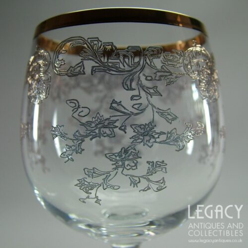 Set of Six Karolinka (Bohemia) Lead Crystal Etched and Gilded Small Wine Glasses