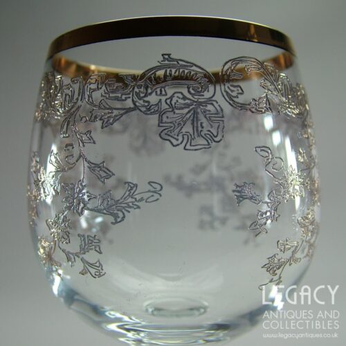 Set of Six Karolinka (Bohemia) Lead Crystal Etched and Gilded Small Wine Glasses