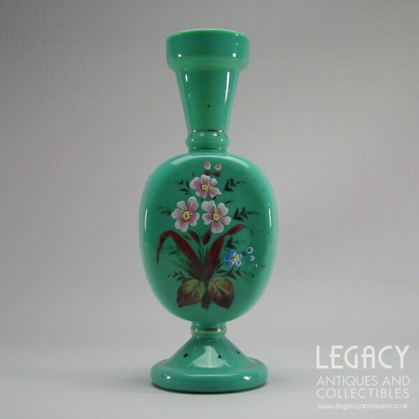 Late 19th Century Turquoise Blue Milk Glass Vase with Enamelled and Gilded Floral Motif