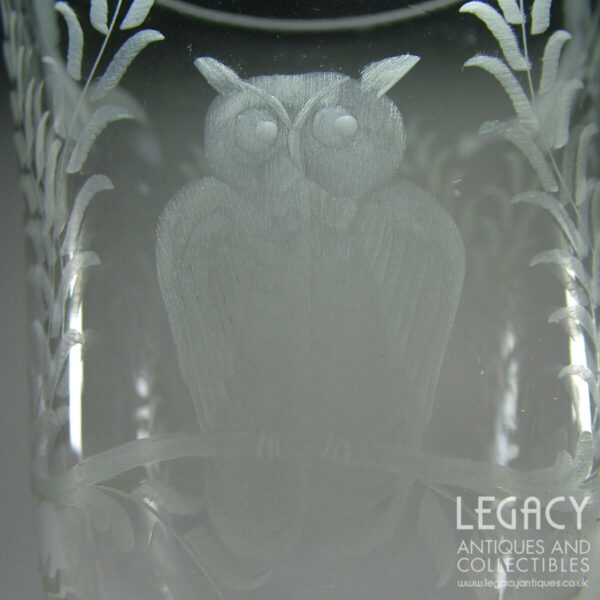 Late Victorian Large Glass Footed Flower Vase with Engraved Owl and Moon Motif c.1880