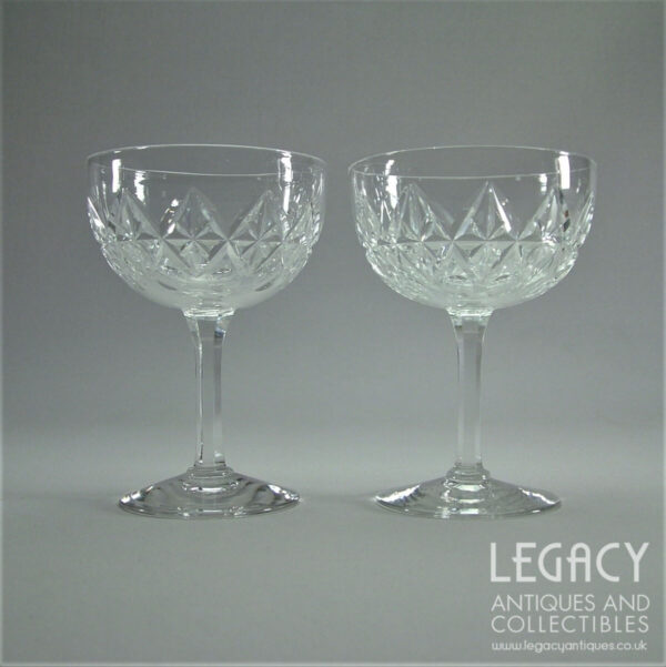 Pair of Stuart Crystal High-Quality Star and Lens Cut Lead Crystal Champagne Glasses c.1920s