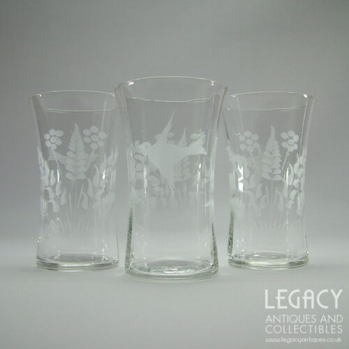 Set of Three Early 20th Century Water Tumblers with Engraved Bird and Foliage Motif c.1920