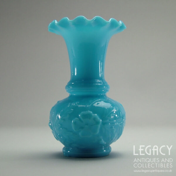 19th Century French Blue Milk Glass Vase with Moulded Floral Motif