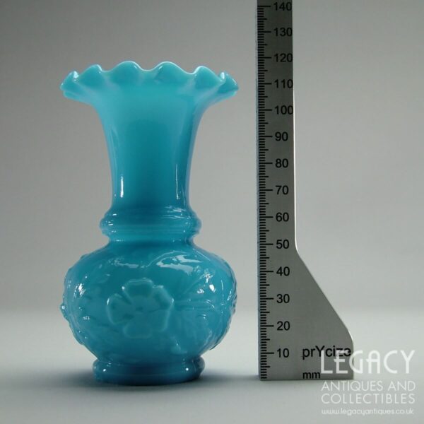 19th Century French Blue Milk Glass Vase with Moulded Floral Motif