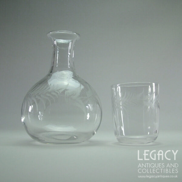 Late Victorian Glass Fern Engraved Water Carafe and Matching Tumbler c.1870