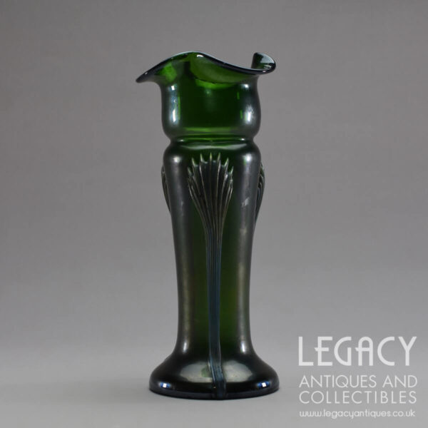 Art Nouveau Kralik ‘Claw’ Design Green Glass Flower Vase with Silvered Finish