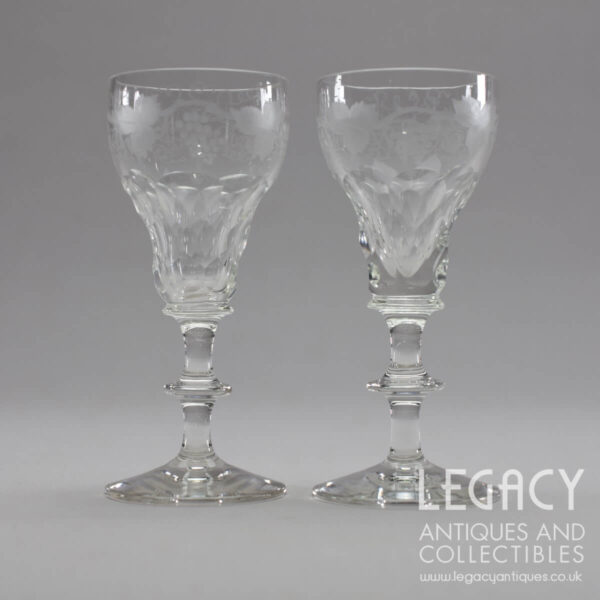 Pair of Victorian Style Grapevine Engraved Sherry or Liqueur Glasses