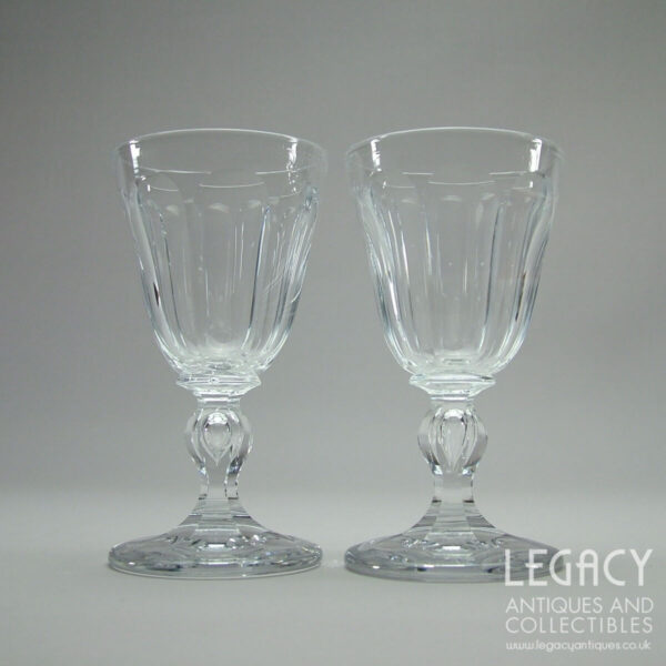 Pair of Mid Victorian Highly Cut Lead Crystal Wine Glasses with Faceted Stems c.1870