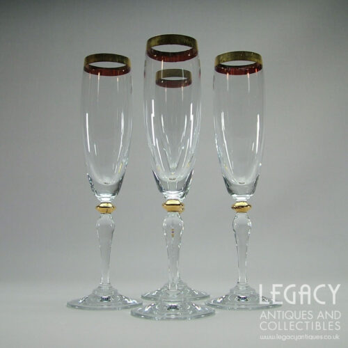 Set of Four Bohemian Glass Champagne Flutes with Gold Rims