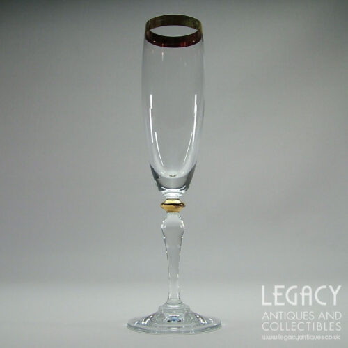 Set of Four Bohemian Glass Champagne Flutes with Gold Rims