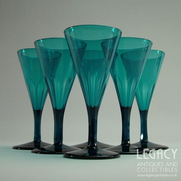 Set of Six Trumpet Bowled Petal Cut Wine Glasses in Peacock Blue c.1835-1840