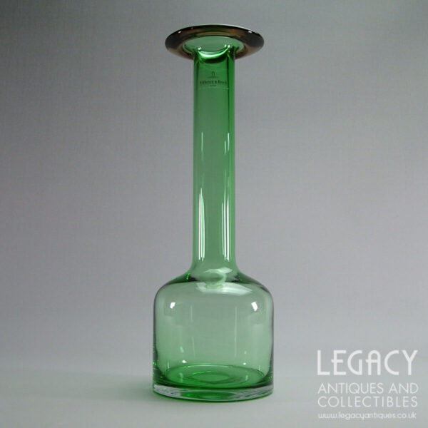 Villeroy & Boch Tall Retro Style Green Glass Vase with Amber Rim with Original Sticker