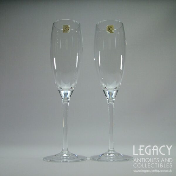 Pair of J G Durand Plain Lead Crystal Flute Champagne Glasses with Original Stickers