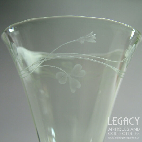 Set of Six James Powell & Sons Ribbed Champagne Flutes with Shamrock Motif c.1903