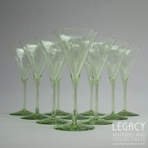 Set of Ten James Powell & Sons Ribbed Small Wine Glasses with Shamrock Motif c.1903