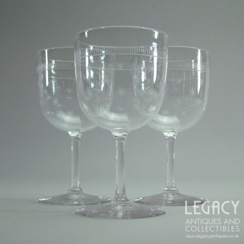 Set of Three Late Victorian Star and Needle Cut Lead Crystal Large Wine Glasses c.1890