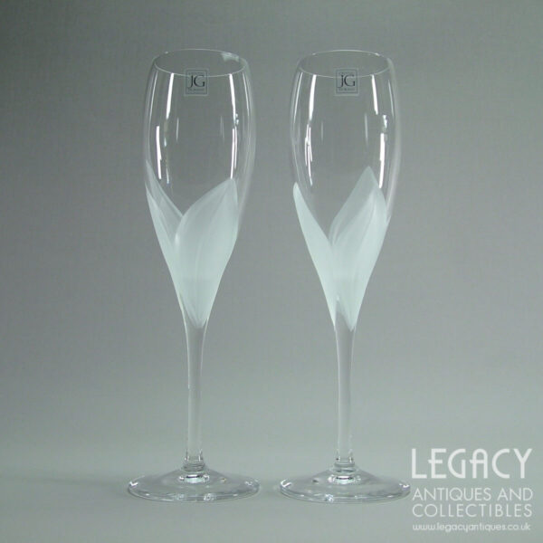 Pair of J G Durand 'Val d'Isere' Design Flute Champagne Glasses with Original Stickers