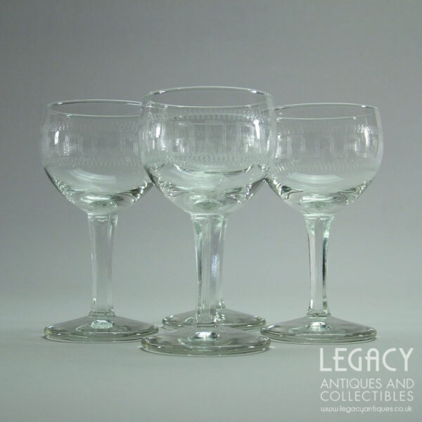 Set of Four Early 20th Century Port Glasses with Zig-Zag and Geometric Motifs