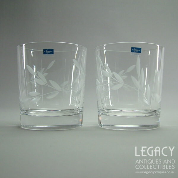 Pair of Caithness Glass Large Whisky Tumblers with Leaf Motif and Original Stickers