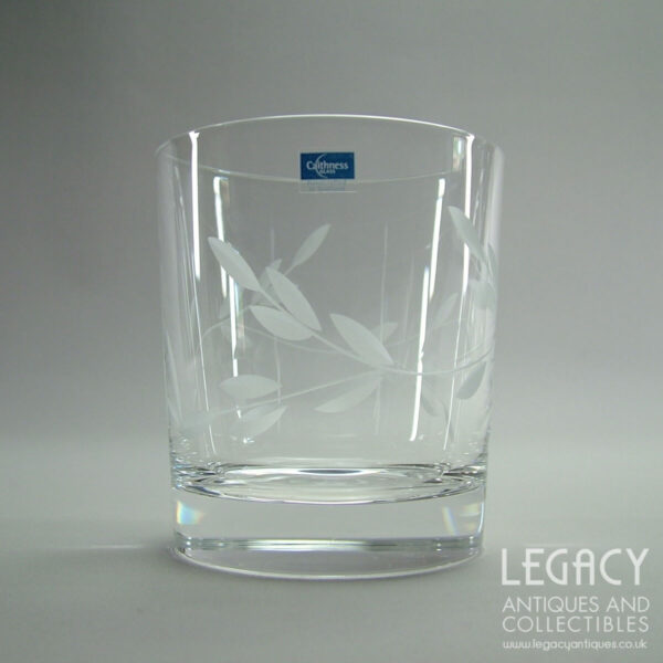 Pair of Caithness Glass Large Whisky Tumblers with Leaf Motif and Original Stickers