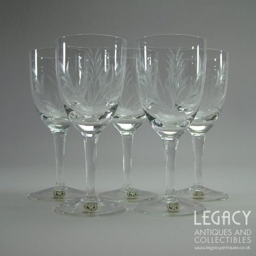 Set of Five Jaffe Rose Czechoslovakian Foliate Cut Sherry Glasses with Original Stickers