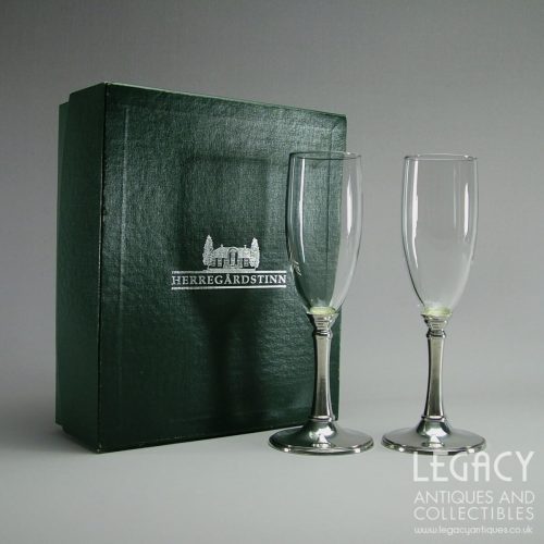 Pair of Herregårdstinn (A. Holthe) Glass Champagne Flutes with Pewter Stems in Original Box