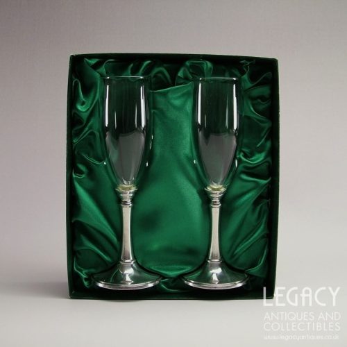 Pair of Herregårdstinn (A. Holthe) Glass Champagne Flutes with Pewter Stems in Original Box