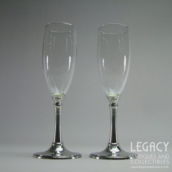 Pair of Herregårdstinn (A. Holthe) Glass Champagne Flutes with Pewter Stems in Original Box