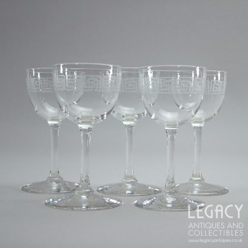 Set of Five Late Victorian ‘Greek Key’ Cut Lead Crystal Liqueur or Cordial Glasses c.1890