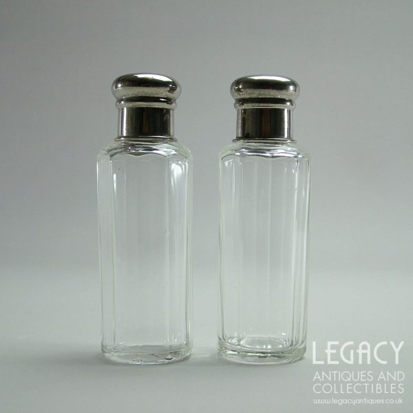 Pair of Late 19th Century Small Glass Perfume Bottles with Silver Coloured Metal Lids