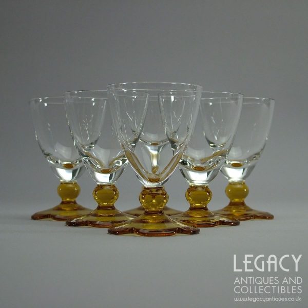 Set of Six Vintage Liqueur or Cordial Glasses with Yellow Flower Feet
