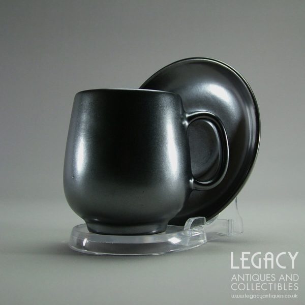 Pair of Prinknash Pottery Coffee Cups and Saucer with Metallic Grey Glaze