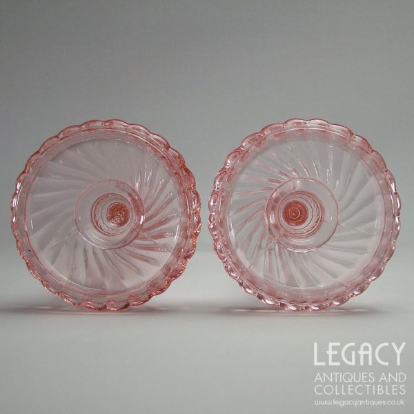 Pair of Mid-20th Century Triple-Moulded Pink Glass Candlesticks