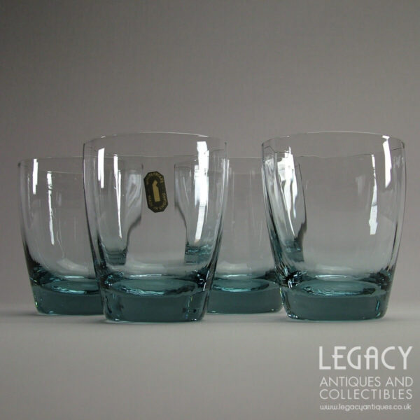 Set of Four Whitefriars Glass M10 Suite ½ Pint Tumblers in Arctic Blue with Original Sticker