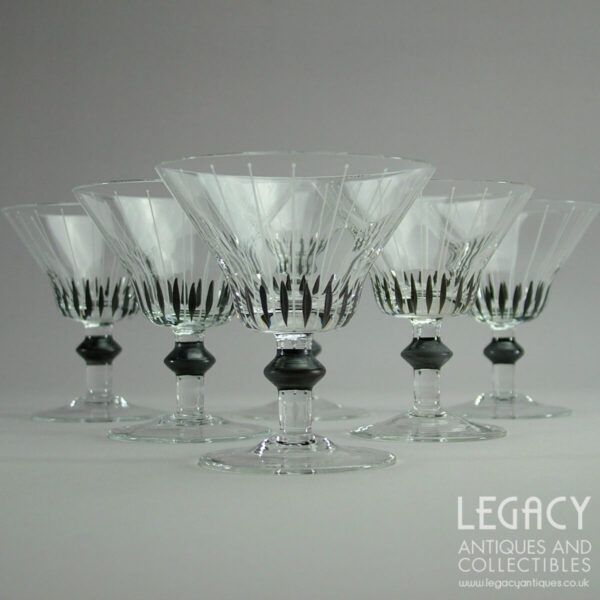 Set of Six 1950s Cocktail Glasses with Black and White Stripe Enamel Design