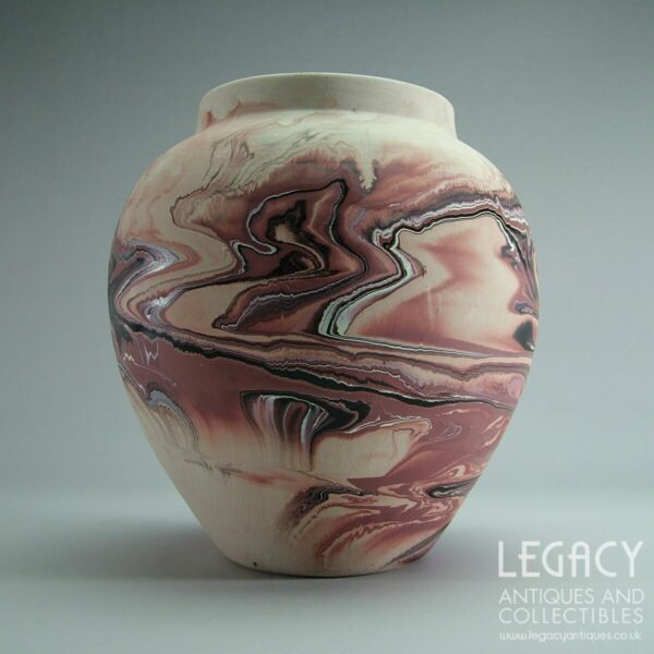 Large Nemadji Pottery Vase with Marbled Design in Black and Terracotta