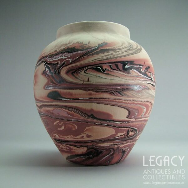 Large Nemadji Pottery Vase with Marbled Design in Black and Terracotta