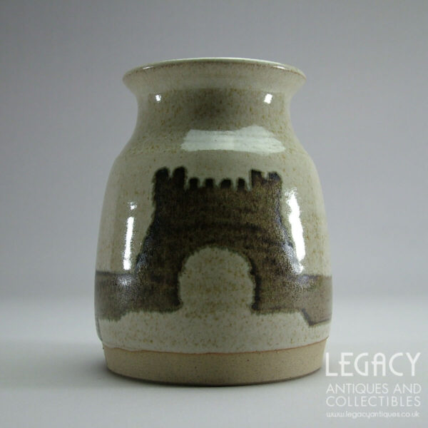 Studio Pottery Flower Vase with Glazed Castle Motif signed 'H'