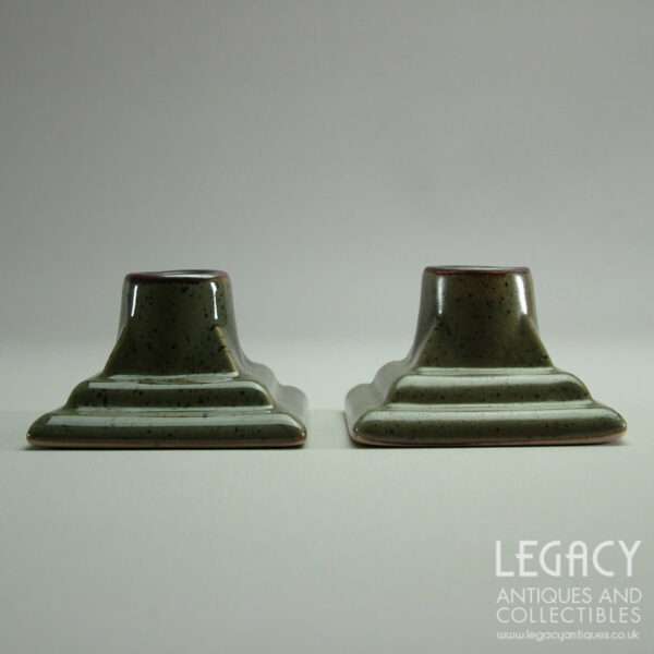 Pair of Purbeck Pottery 'Rondo' Design Stepped Stoneware Candleholders in Green